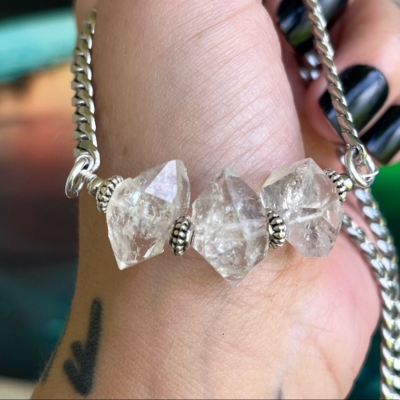 3 big Genuine herkimer diamonds crystals stainless steel boho choker necklace - Picture 9 of 15